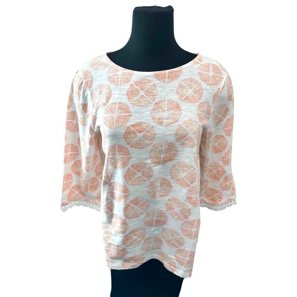 CHICO’S Orange Geometric Print Top 3/4 Sleeve Eyelet Trim Tee | Size 1 Medium - Picture 3 of 8